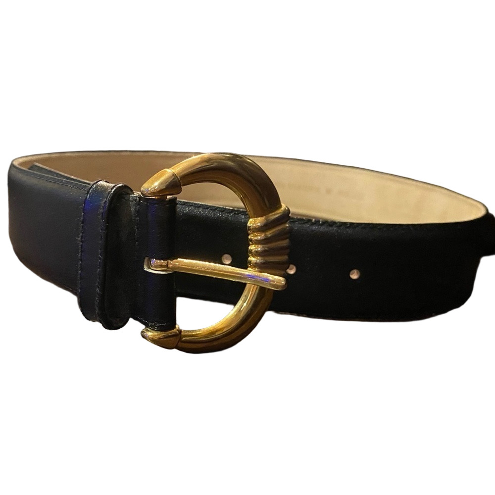 Vintage Amanda Smith Top Grain Genuine Leather Black and Gold buckle Belt M